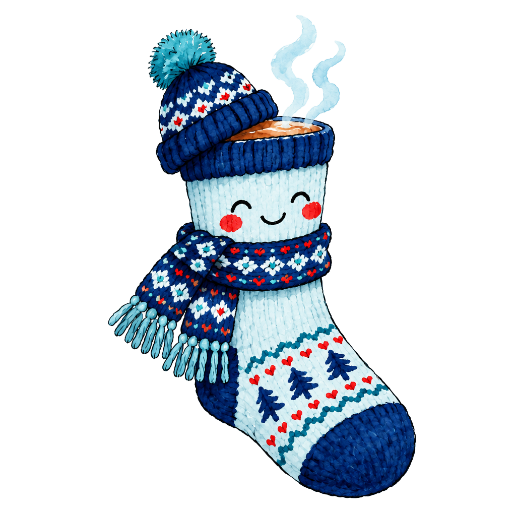 Cozy sock in a winter hat and scarf, warm and content