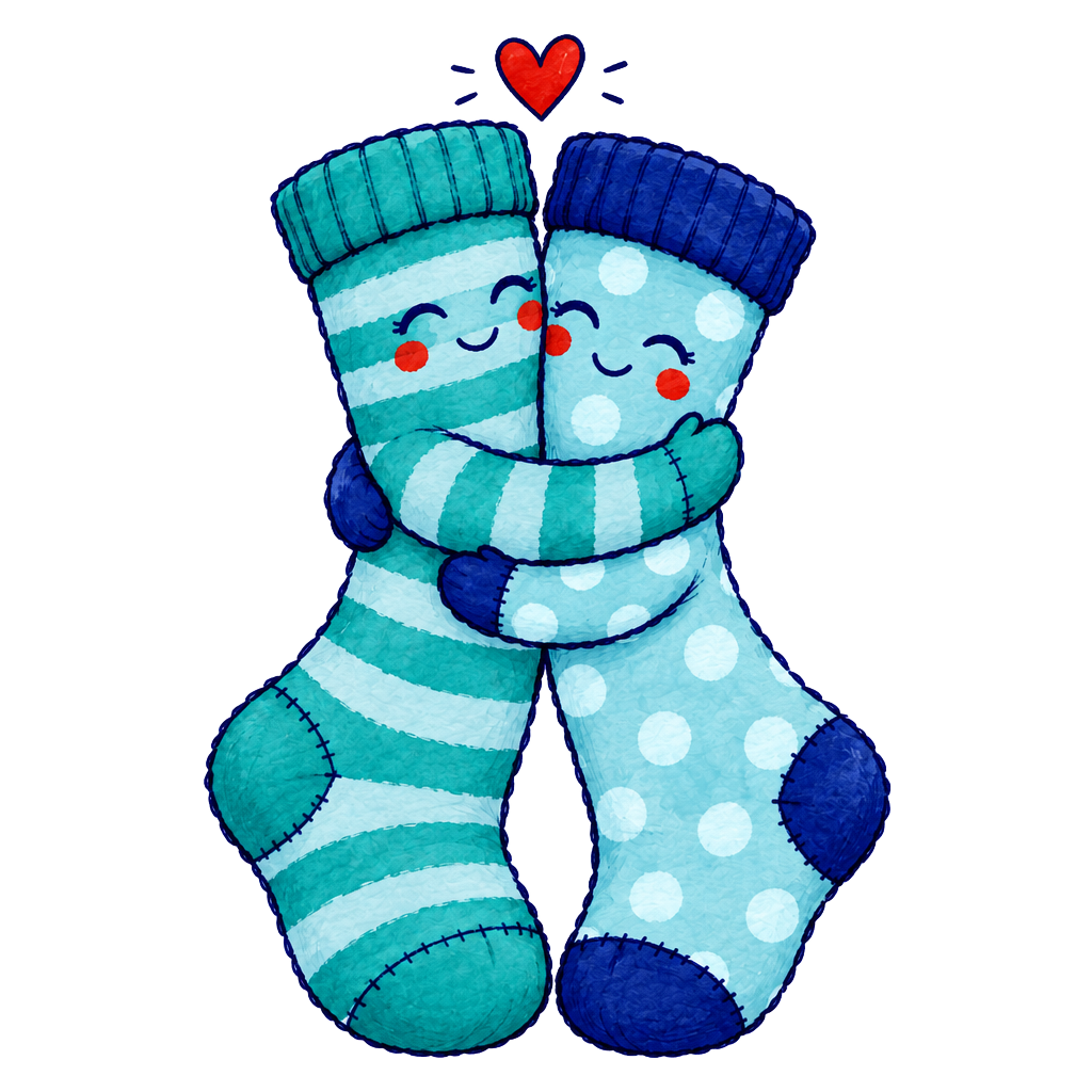 Two mismatched socks hugging, reunited at last