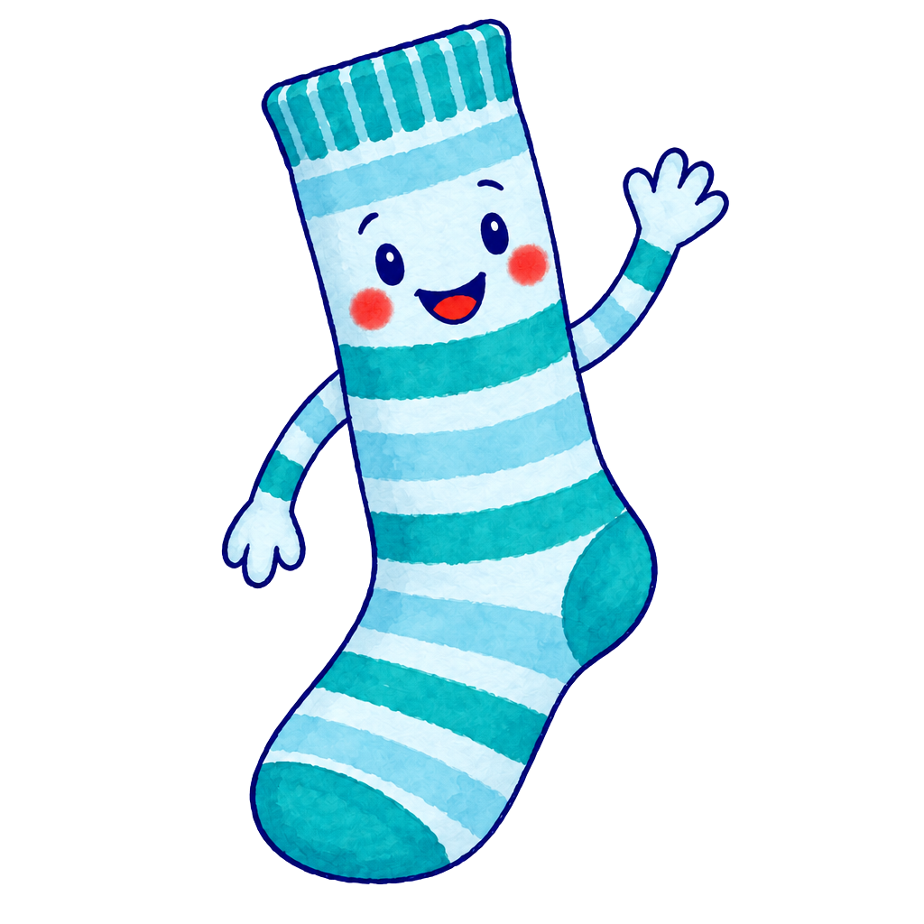 Cheerful striped sock character waving hello